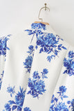 Blazer Femme Fleur Bleue À Revers Cranté Un Bouton