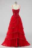 Robes De Soirée corset à sequins sans bretelles rouge foncé scintillante avec fente