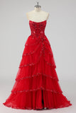 Robes De Soirée corset à sequins sans bretelles rouge foncé scintillante avec fente
