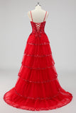 Vert sauge scintillant Une ligne spaghetti bretelles Paillettes Corset Robes De Soirée à plusieurs niveaux avec fente