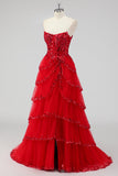 Robes De Soirée corset à sequins sans bretelles rouge foncé scintillante avec fente