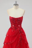 Robes De Soirée corset à sequins sans bretelles rouge foncé scintillante avec fente