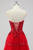 Robes De Soirée corset à sequins sans bretelles rouge foncé scintillante avec fente