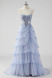 Lavande Une ligne sans bretelles paillettes Corset Robe de soirée à plusieurs niveaux avec fente