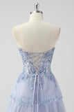 Lavande Une ligne sans bretelles paillettes Corset Robe de soirée à plusieurs niveaux avec fente