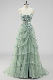Vert sauge scintillant Une ligne spaghetti bretelles Paillettes Corset Robes De Soirée à plusieurs niveaux avec fente