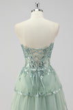 Vert sauge scintillant Une ligne spaghetti bretelles Paillettes Corset Robes De Soirée à plusieurs niveaux avec fente