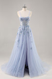 Bleu Sans Bretelles A Ligne Paillettes Tulle Corset Robe Longue De Soirée Avec Fente