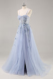 Bleu Sans Bretelles A Ligne Paillettes Tulle Corset Robe Longue De Soirée Avec Fente