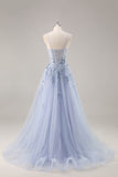 Bleu Sans Bretelles A Ligne Paillettes Tulle Corset Robe Longue De Soirée Avec Fente