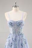 Bleu Sans Bretelles A Ligne Paillettes Tulle Corset Robe Longue De Soirée Avec Fente