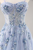 Bleu Sans Bretelles A Ligne Paillettes Tulle Corset Robe Longue De Soirée Avec Fente
