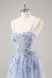 Bleu Sans Bretelles A Ligne Paillettes Tulle Corset Robe Longue De Soirée Avec Fente