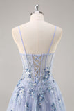 Bleu Sans Bretelles A Ligne Paillettes Tulle Corset Robe Longue De Soirée Avec Fente