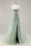 Bleu Sans Bretelles A Ligne Paillettes Tulle Corset Robe Longue De Soirée Avec Fente