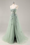 Bleu Sans Bretelles A Ligne Paillettes Tulle Corset Robe Longue De Soirée Avec Fente