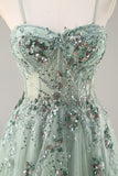 Bleu Sans Bretelles A Ligne Paillettes Tulle Corset Robe Longue De Soirée Avec Fente
