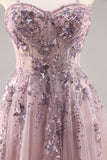 Bleu Sans Bretelles A Ligne Paillettes Tulle Corset Robe Longue De Soirée Avec Fente