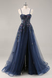 Bleu Sans Bretelles A Ligne Paillettes Tulle Corset Robe Longue De Soirée Avec Fente