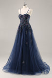 Bleu Sans Bretelles A Ligne Paillettes Tulle Corset Robe Longue De Soirée Avec Fente
