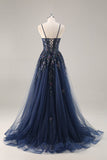 Bleu Sans Bretelles A Ligne Paillettes Tulle Corset Robe Longue De Soirée Avec Fente
