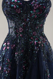 Bleu Sans Bretelles A Ligne Paillettes Tulle Corset Robe Longue De Soirée Avec Fente