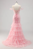 Corset sirène épaule froide Applique Robe De Soirée rose