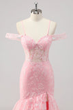 Corset sirène épaule froide Applique Robe De Soirée rose