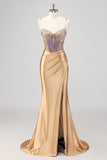 Sirène Corset scintillant Robe De Soirée dorée avec fente