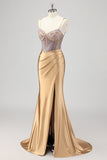 Sirène Corset scintillant Robe De Soirée dorée avec fente