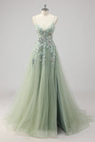 Robe De Soirée appliquée à paillettes vertes avec fente