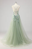Robe De Soirée appliquée à paillettes vertes avec fente