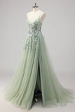 Robe De Soirée appliquée à paillettes vertes avec fente