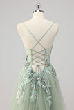 Robe De Soirée appliquée à paillettes vertes avec fente