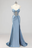 Sirène gris corset bleu perlé Robe De Soirée avec fente