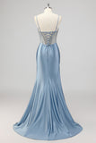 Sirène gris corset bleu perlé Robe De Soirée avec fente