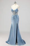 Sirène gris corset bleu perlé Robe De Soirée avec fente