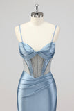 Sirène gris corset bleu perlé Robe De Soirée avec fente