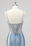 Sirène gris corset bleu perlé Robe De Soirée avec fente