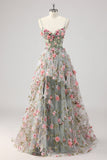 Une ligne gris vert perlé Corset longue Robe De Soirée avec des fleurs 3D