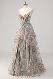 Une ligne gris vert perlé Corset longue Robe De Soirée avec des fleurs 3D