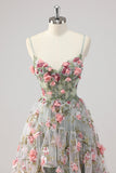 Une ligne gris vert perlé Corset longue Robe De Soirée avec des fleurs 3D