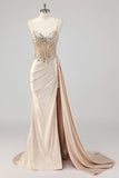 Champagne Sirène Paillettes Sideer Streamer Corset Robe De Soirée avec Fente