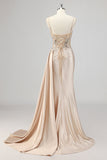 Champagne Sirène Paillettes Sideer Streamer Corset Robe De Soirée avec Fente