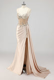 Champagne Sirène Paillettes Sideer Streamer Corset Robe De Soirée avec Fente