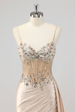 Champagne Sirène Paillettes Sideer Streamer Corset Robe De Soirée avec Fente