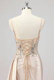 Champagne Sirène Paillettes Sideer Streamer Corset Robe De Soirée avec Fente