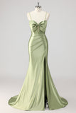 Corset Sirène Satin Vert Perlé Robe De Soirée avec Fente
