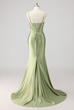 Corset Sirène Satin Vert Perlé Robe De Soirée avec Fente