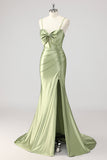 Corset Sirène Satin Vert Perlé Robe De Soirée avec Fente